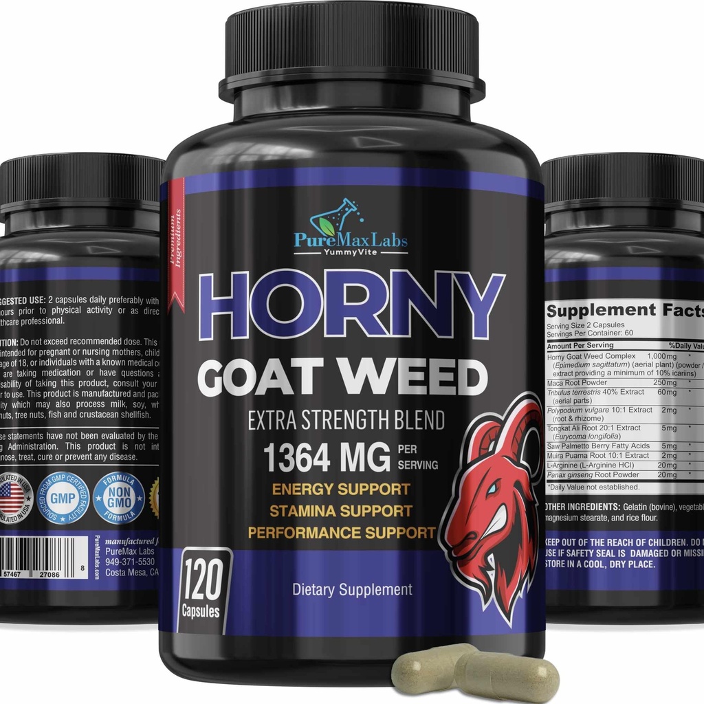 Horny Goat Weed ekstra styrke -120 Kapsler w. Maca, L-Arginine, Ginseng - Boost Desire, ytelse, Stamina, Energi, Ikke-GMO formel, 120 Kapsler