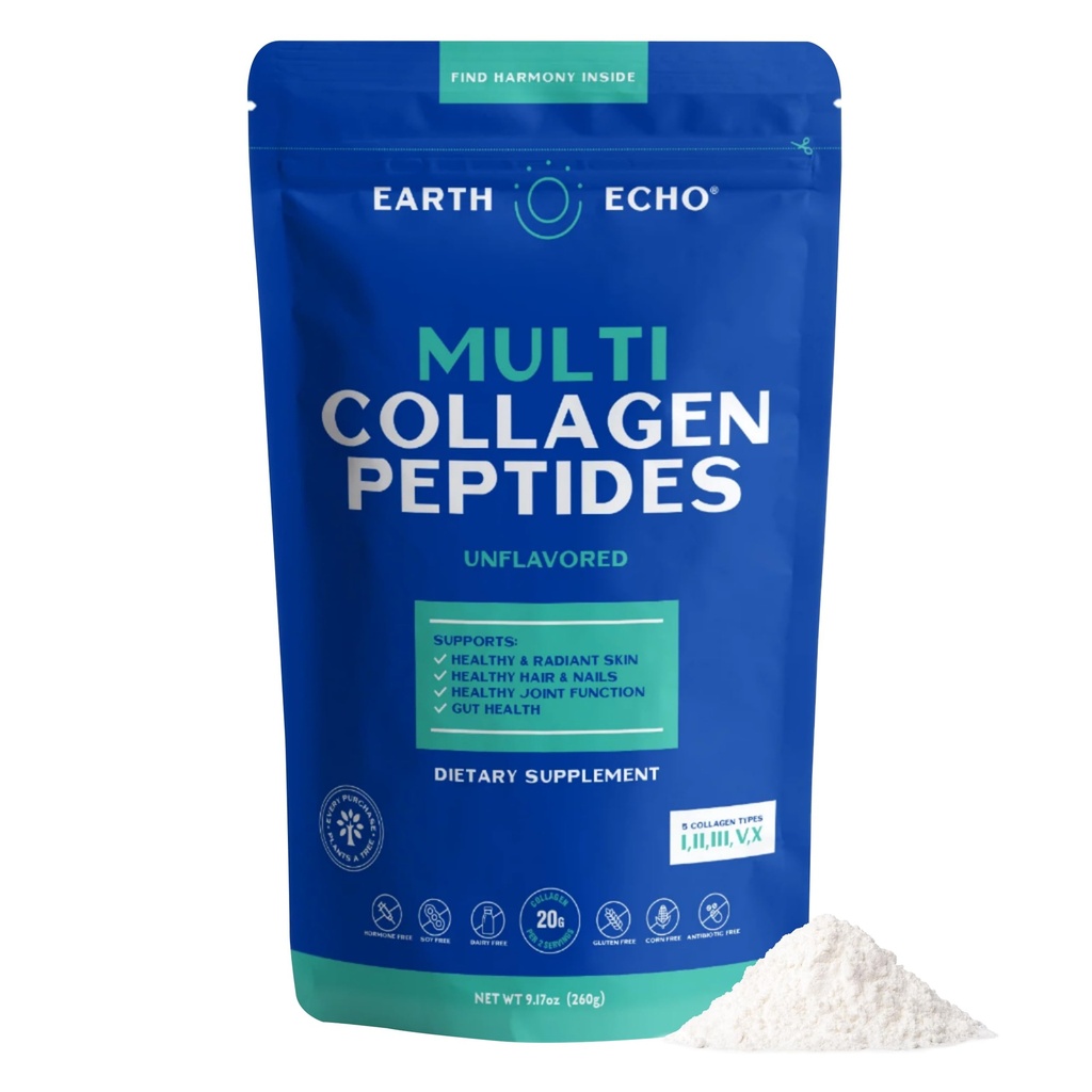 Earth Echo Multi collagen Peptider, Hydrolysert Samlaget med vitamin C og Hyaluronsyre, støtter strålende hud, sunne ledd, Gut helse og immunfunksjon, Dairy-Free, 26 Services
