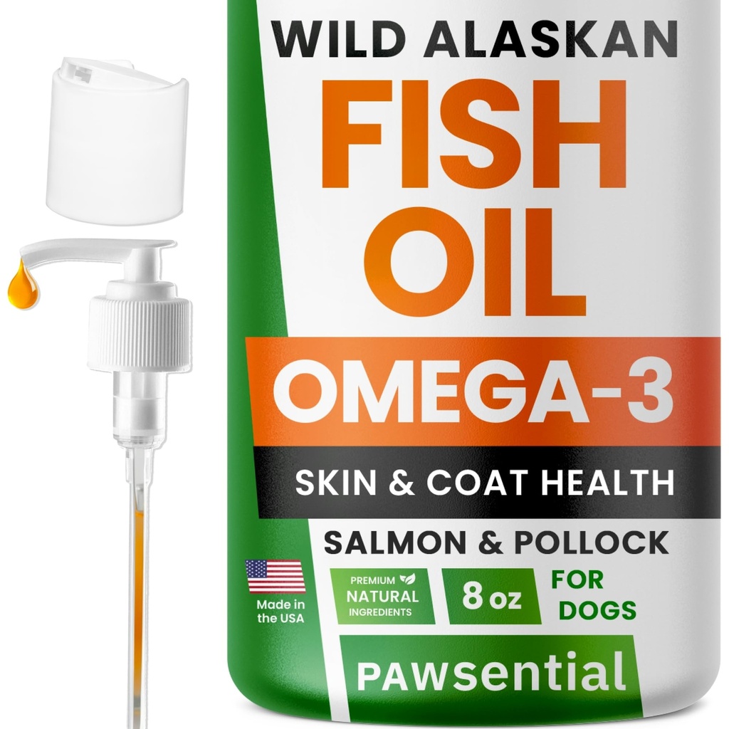 Omega 3 Fish Oil for hunder & katter - laget med Wild Alaskan Salmon Oil; flytende fiskeolje Supplement for kjæledyr med Omega 3 EPA + DHA fettsyrer; ekte ingredienser, ekte smak - stolt av Vetere!