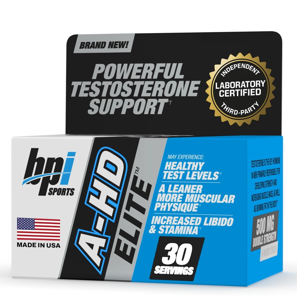 BPI Sports A-HD Elite – menns kraftige Testosteron Booster for utholdenhet, styrke, seksuell støtte – støtter muskel, libido og metabolisme – naturlige testosterontilskudd – 30 serveringer – 500 mg