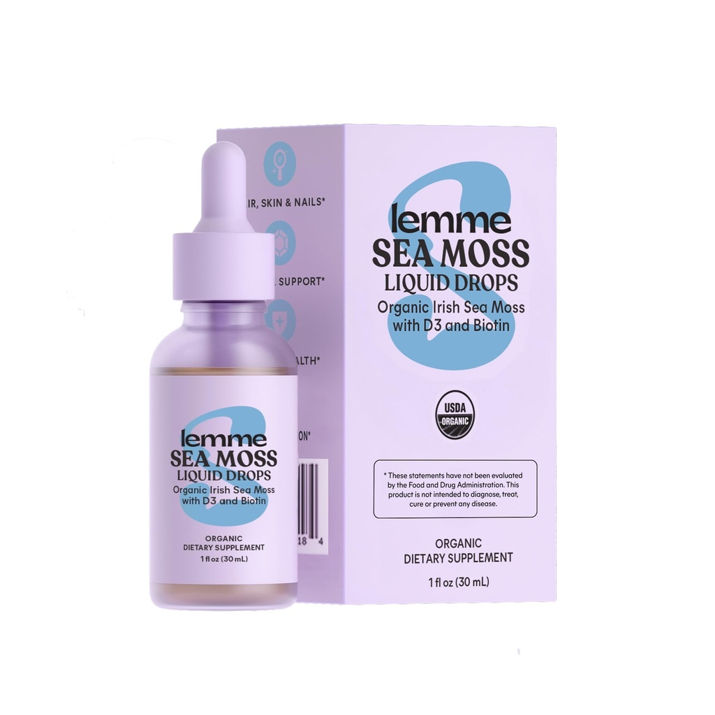 Lemme Irish Sea Moss organiske flytende dråper med vitamin D3 og biotin for spor Mineral støtte, immunitet, hår, hud og negler, hjerne helse - Gluten & sukker gratis, ikke GMO, 1 oz, 30 serveringer