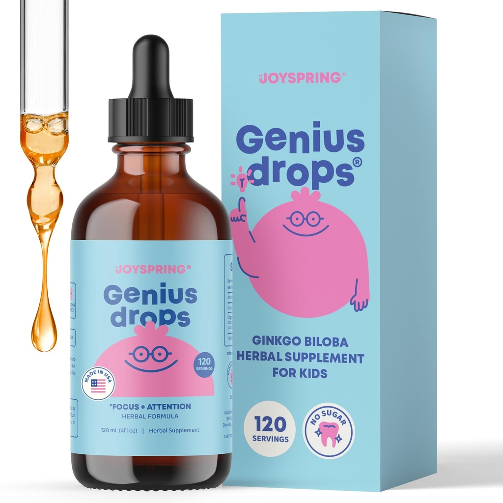 JoySpring Genius Drops - Økologisk fokus Drops for barn | klinisk bevist fokus Supplement hjelper barn å utføre bedre i skolen | flytende herbal Supplement med Ginkgo Biloba (4 fl oz) 120 serveringer