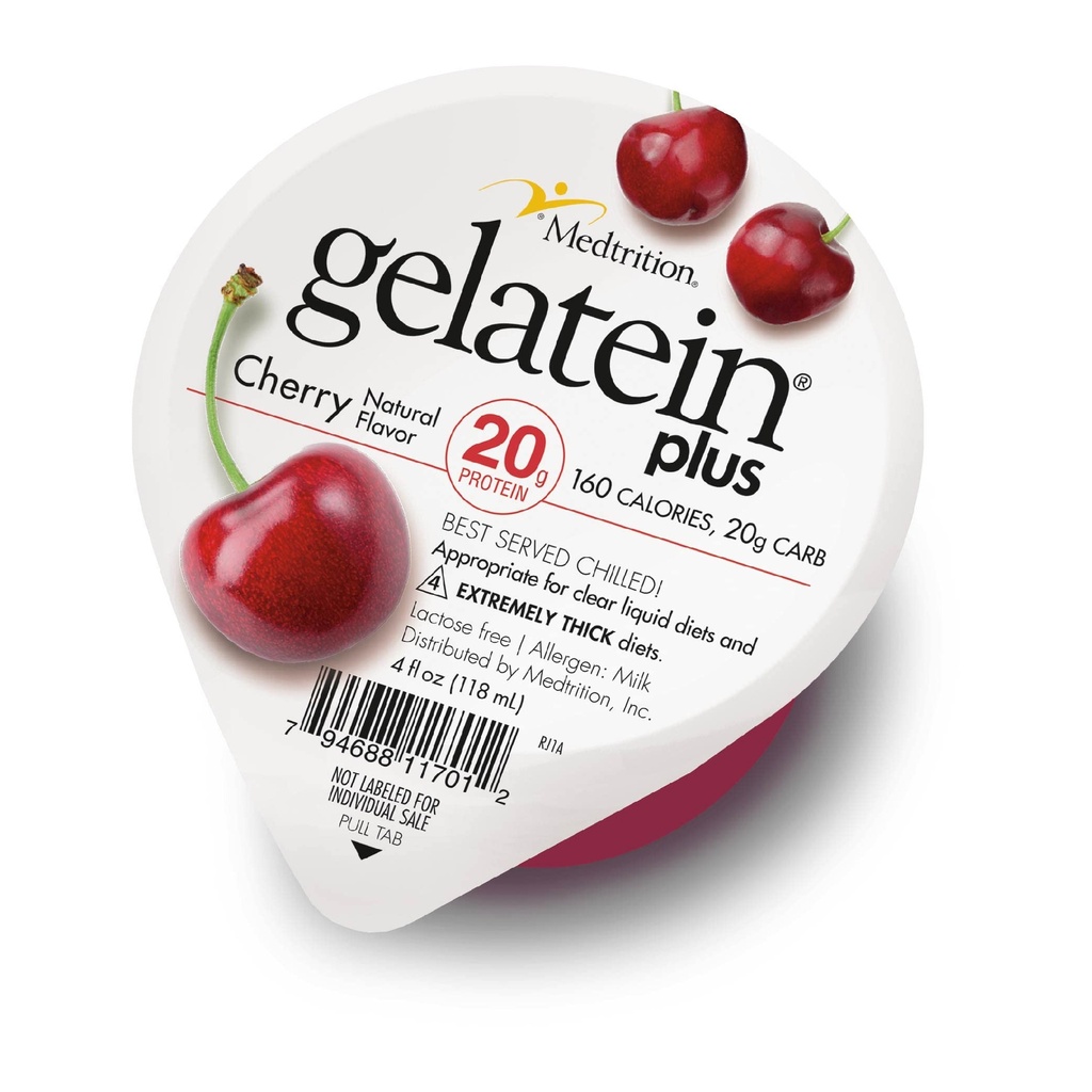 Gelatein Plus Cherry: 20 gram protein. Ideell for klare flytende dietter, svelgevansker, dialyse og onkologi. Flott pre eller post-workout snack. (12 pakke)