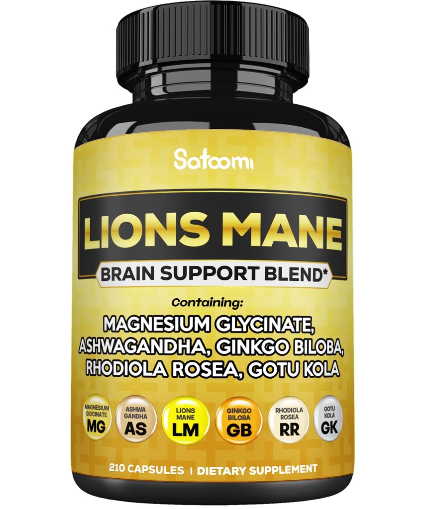 Lions Mane Supplement Kapsler med magnesium med Ashwagandha Root, Ginkgo Biloba, Rhodiola Rosea og Gotu Kola - 210 Vegan Capsules - Støtte Hjerne Helse, Positiv Mood & Energiproduksjon