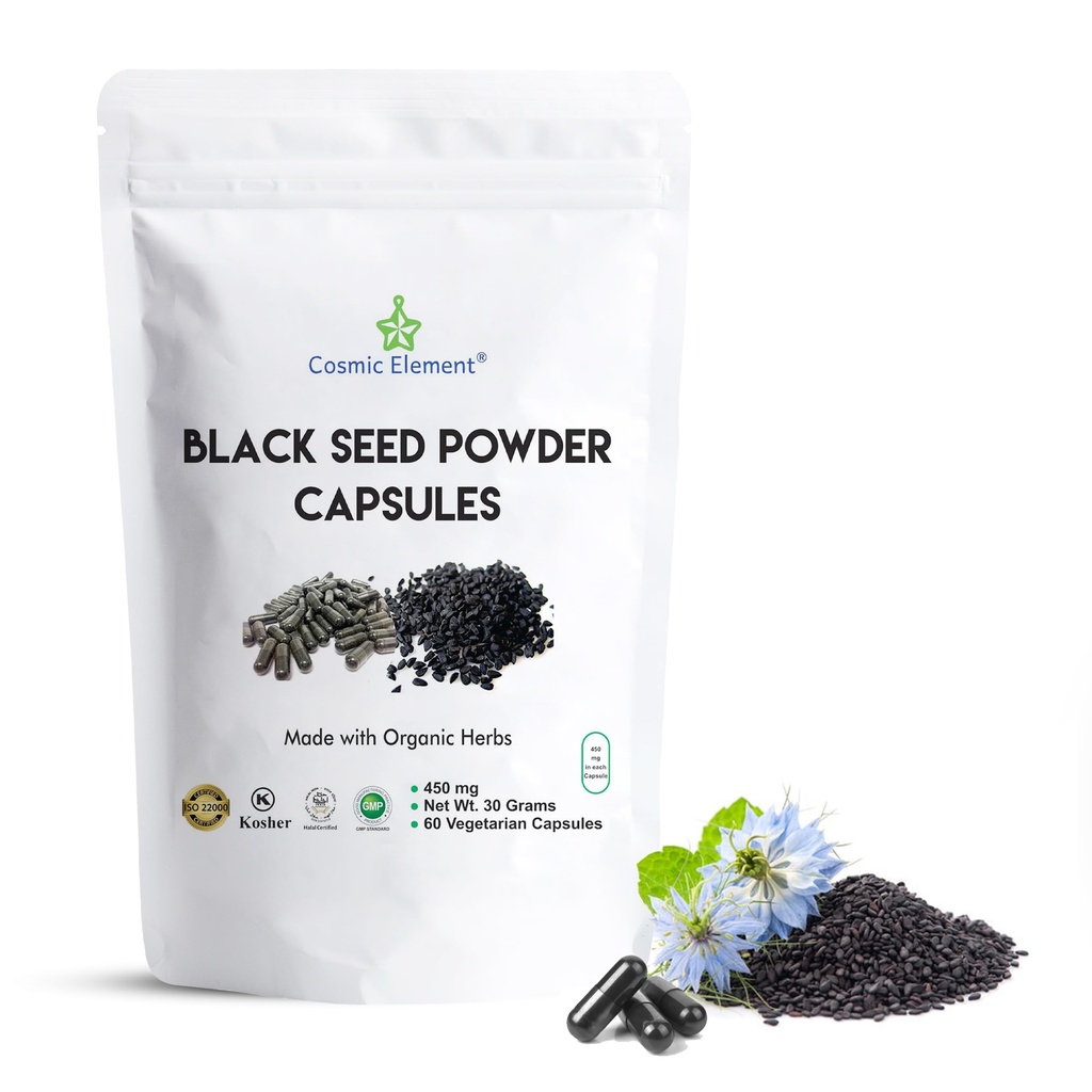 Kosmisk element 100% ren svart frø pulver kapsler organisk - Vegan Nigella Sativa 450mg svart cumin frø per servering- for helse - 60 kapsler