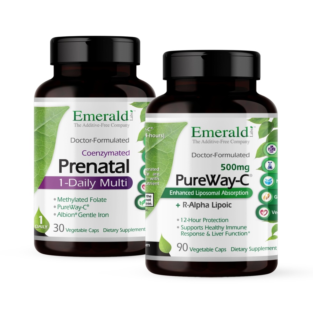 Emerald Labs Bundle med Prenatal 1-Daily Multi (60 Veg Caps) & PureWay-C (90 Veg Caps) - Prenatal Multivitamin med metylert folat, jern og mer * - vitamin C Supplement med R-Alpha Lipoic Acid*
