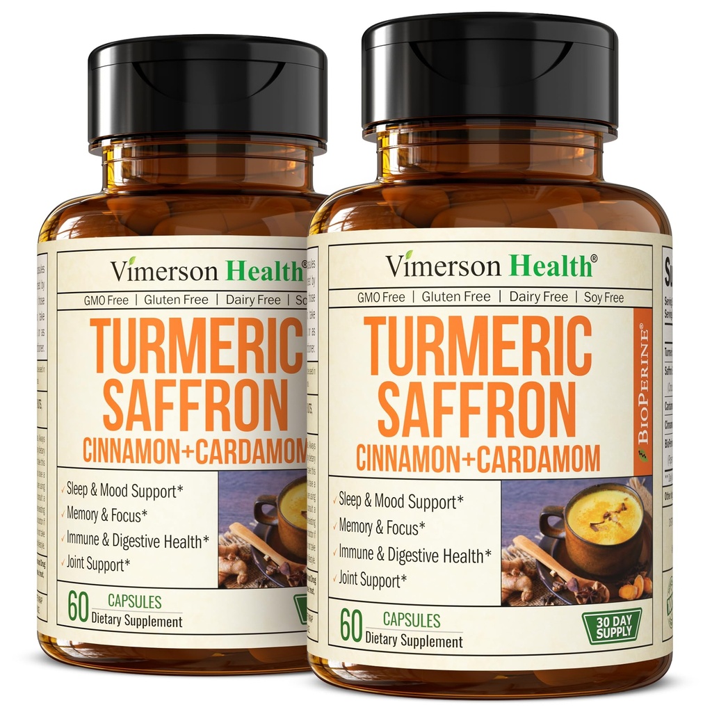Saffron Supplements – 89mg Saffron Ekstrakt og 1000mg Tumerisk blanding – Turmerisk Supplement med ceylon kanel og kardemom for humør, minne og øye helse – felles kosttilskudd for kvinner og menn – 2 pakke