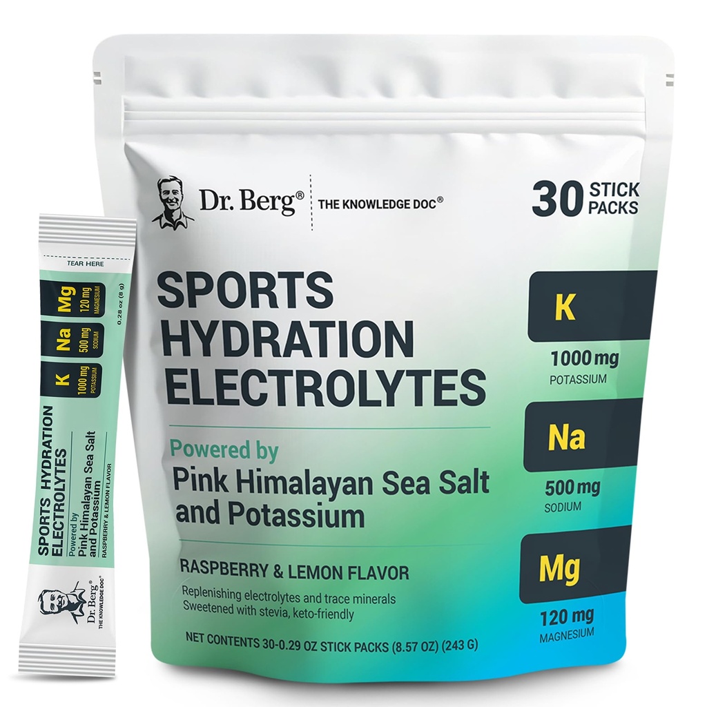 Dr. Berg Sports Hydration Elektrolyserer pulver m/Mer Salt (Pink Himalayan) - 30 Keto elektrolyter pulver pakker m/a Delicious Salty Raspberry & Lemon Flavor - Inkluderer 1000 mg Kalium