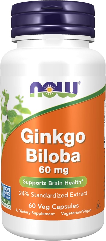 NU Mattilskudd, Ginkgo Biloba 60 mg, 24% Standardisert ekstrakt, ikke-GMO-prosjekt verifisert, 60 Veg Kapsler