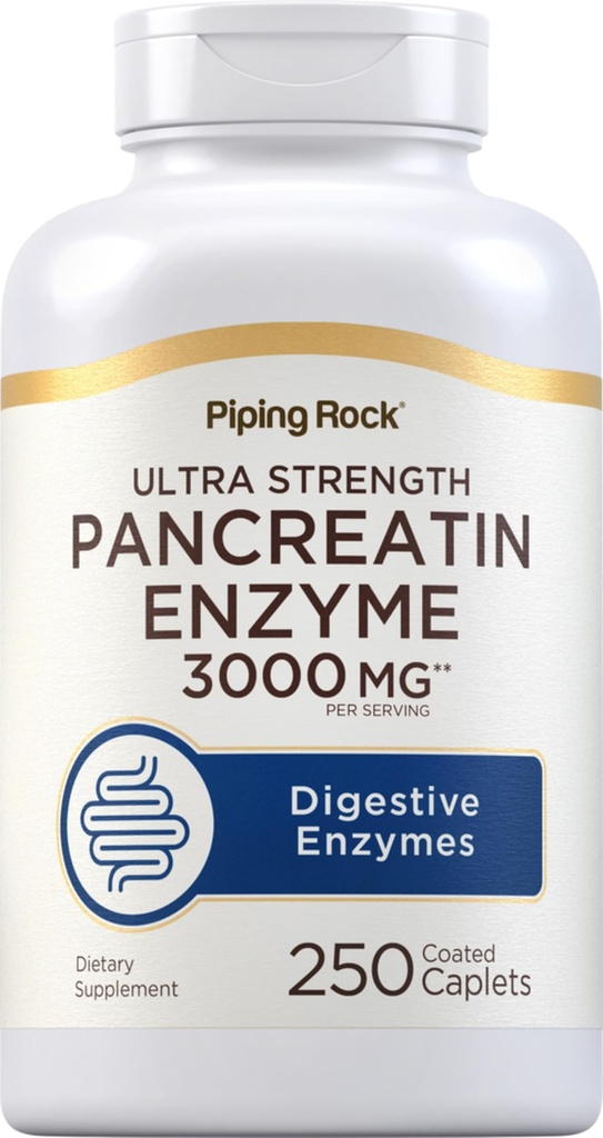 Piping Rock Pancreatin Digestive Enzyms | 3000mg | 250 Caplets | Ultra styrke | Ikke-GMO, Glutenfri Supplement