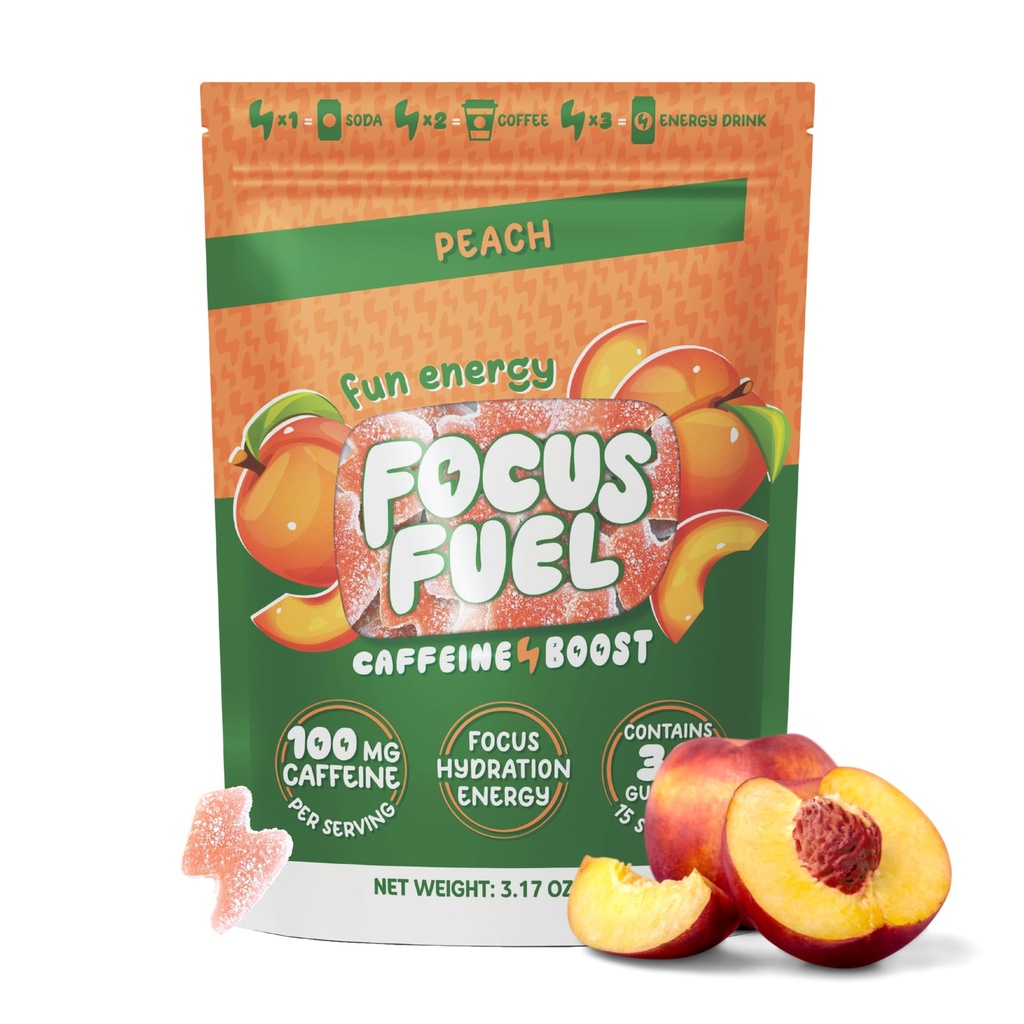 FocusFuel Energy Chews – Peach Flavor (15 serveringer) – 100 mg koffein + Alpha GPC + L-Theanine + B12, Magnesium – glatt fokus og energi – ingen krasj eller Jitters