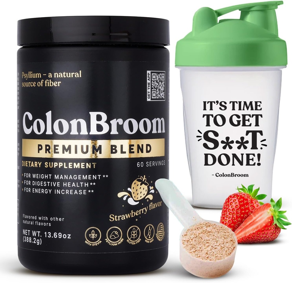 ColonBroom Premium Psyllium Husk pulver (Strawberry, 60 Services) + Shaker flaske for Colon Broom Fiber Powder Drink Bundle - Colon Cleanse for å bli kvitt relief & Gut helse - Fiber pulver Supplement