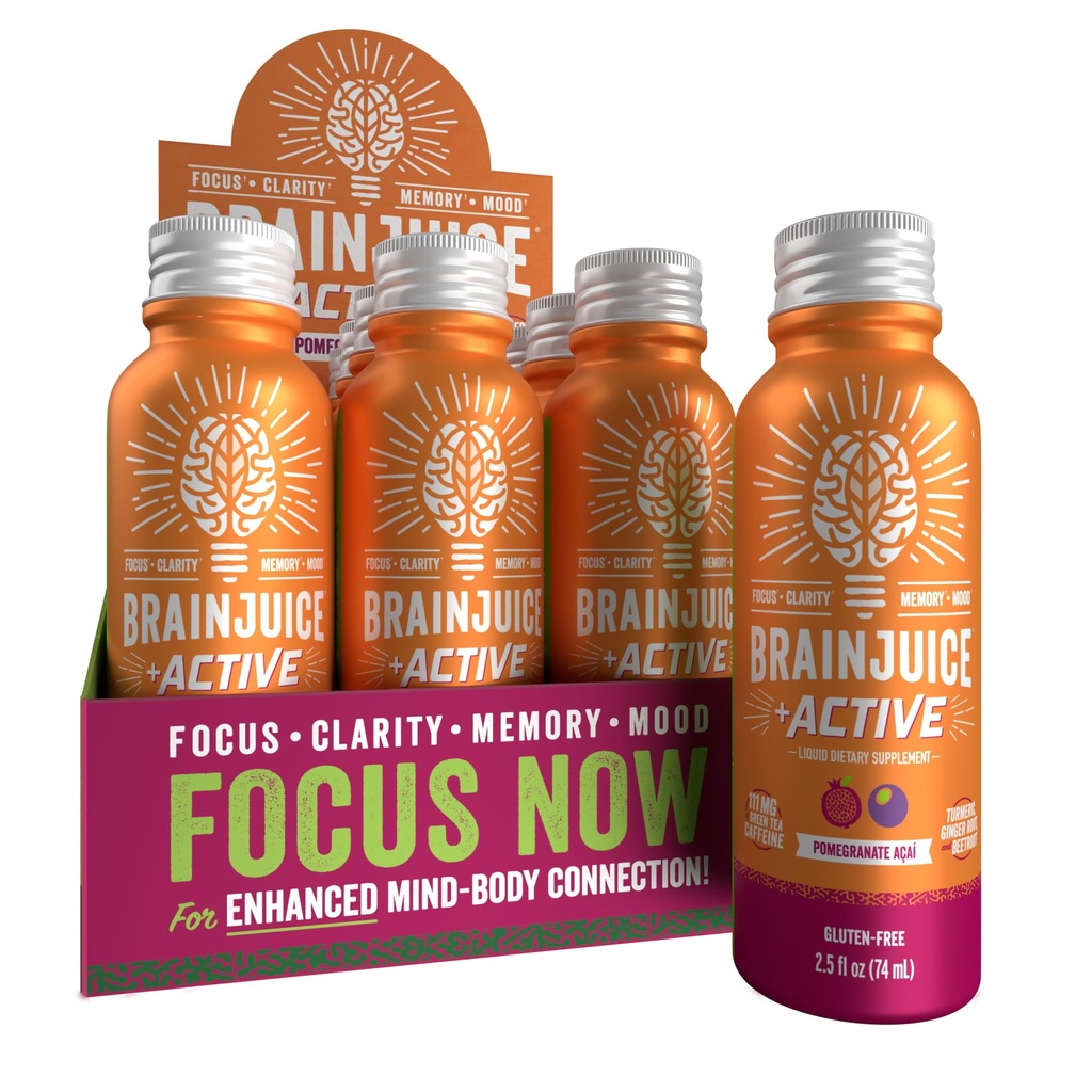 BrainJuice aktiv fokus & energi drikke bilder, støtter utholdenhet, gjenoppretting og klarhet, ikke-GMO, Glutenfri, Nootropics, Alpha GPC, B vitaminer og økologisk grønt te, Pomegranate Acai, 2,5 fl oz, 12 Pack