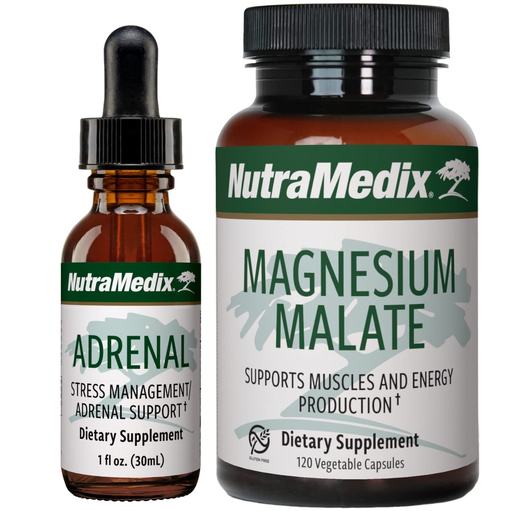 NutraMedix Energistøtte Bundle - Inkluderer Adrenal Energy Support Flytende dråper og magnesiummalekapsler for energi og atletisk støtte - Ingen koffein - 2- Piece Supplement sett