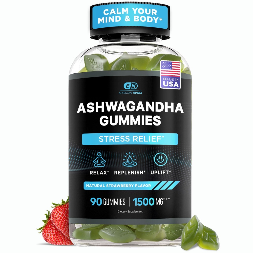EFFECTIVE NUTRA Ashwagandha Gummies 1500mg Stress Relief, Immun støtte, Calm Mood, Energi | Naturlig Berry Flavor | 45-dagers  Supply Vegan, Glutenfri, Ikke-GMO | Supplement for menn og kvinner (90ct)