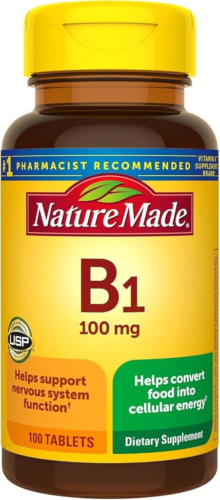 Naturlaget vitamin B1 100 mg, kosttilskudd for energimetabolisme støtte, 100 tabletter, 100 dagers forsyning.