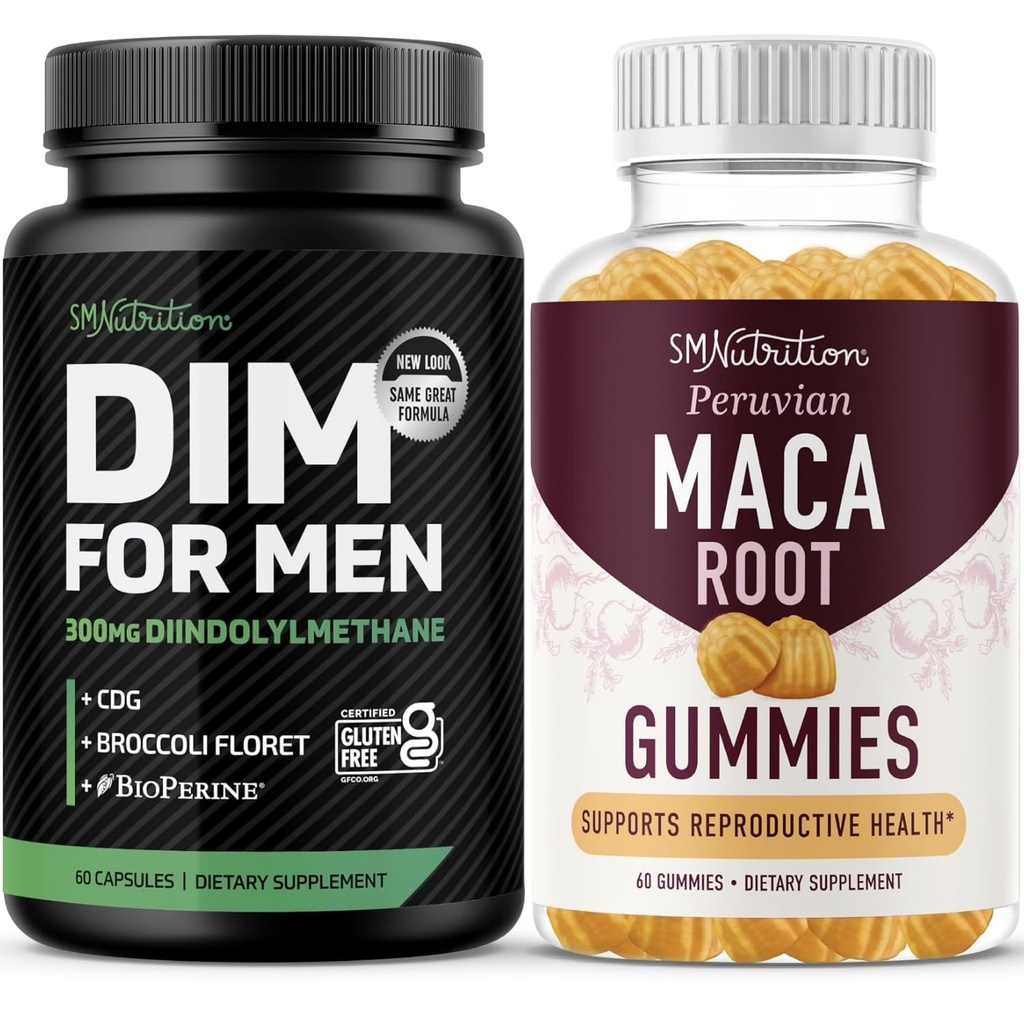 SMNutrition Maca Root Gummies & 300mg DIM Supplement for menn for testosteron og ytelsesstøtte | Styrke Maca Gummies Complex (30 serveringer) med DIM-kompleks for menn (60 serveringer)