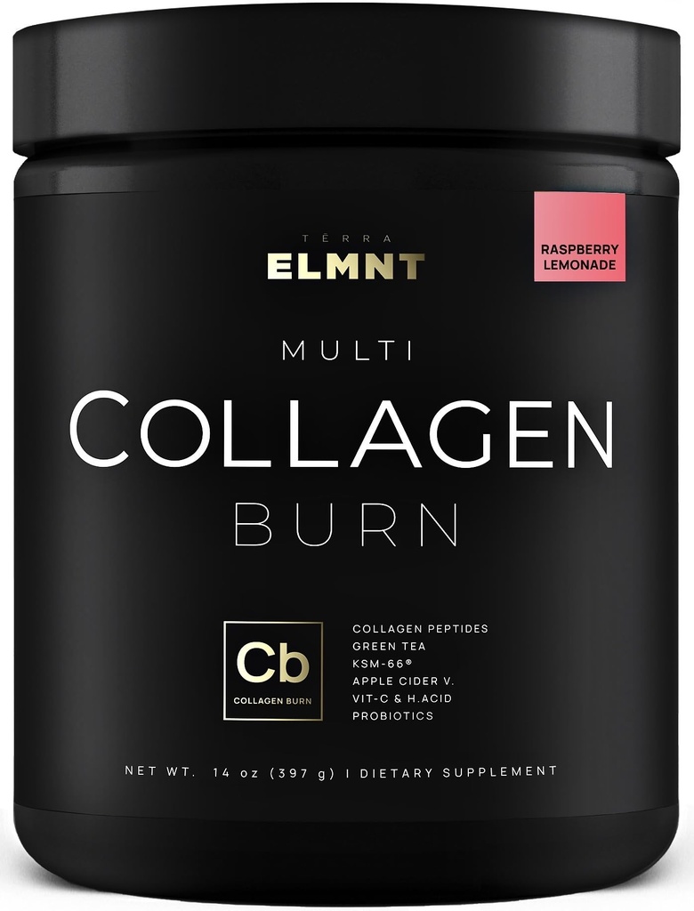 ELMNT Super Collagen Burn for kvinner w. Probiotika, Hyaluronsyre, Apple C Vinegar, KSM66, Biotin + Premium Colageno Multi Collagen Protein pulver for vekttap, fettforbrenner, hår, hud + (R-Lemonade)