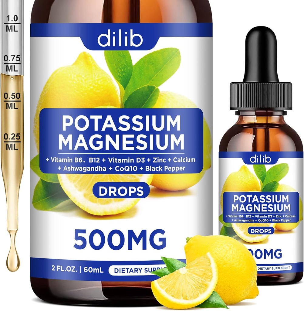 Kalium Magnesium Citrat Supplement, flytende magnesium Citrat Drops 500 mg med Ashwagandha, Kalsium, Sink, vitamin D3, B6, B12, CoQ10 - Vegan 2 fl oz Lemon Flavor