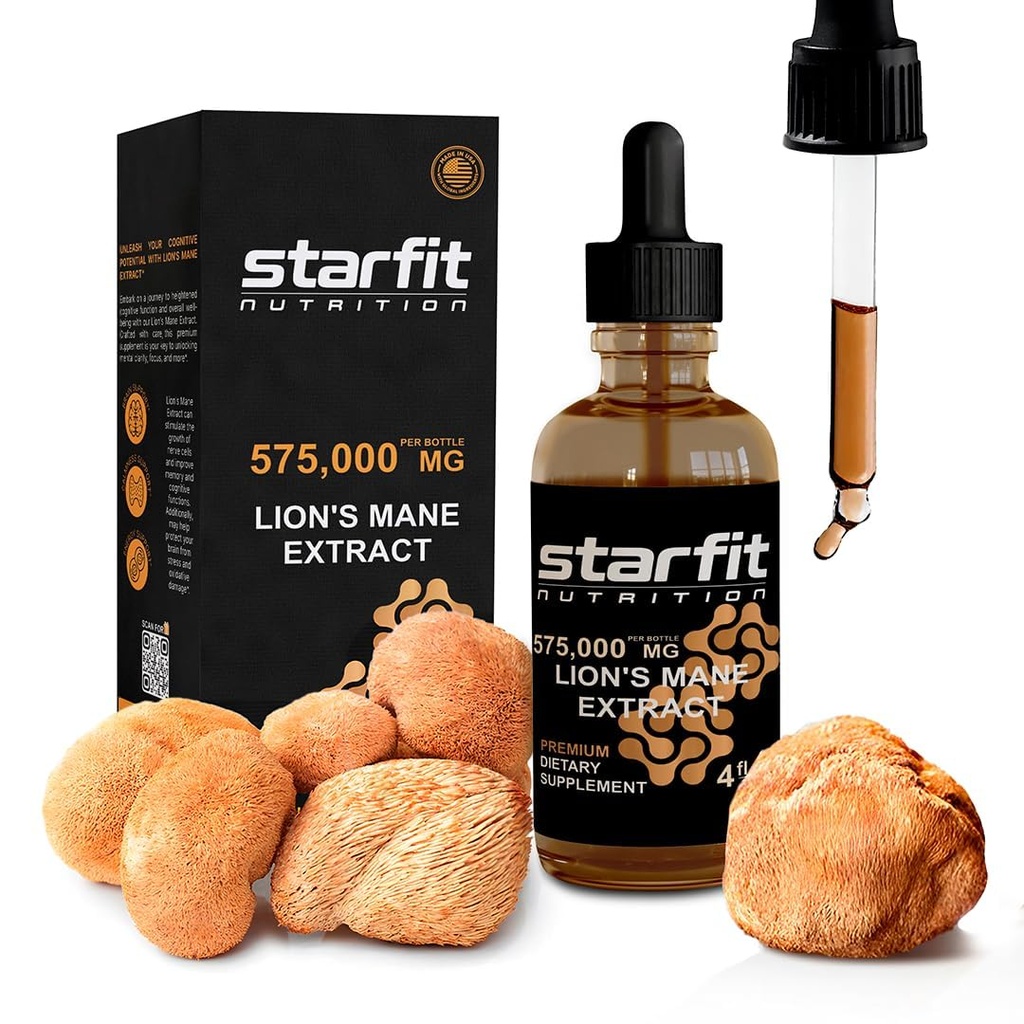 STARFIT Lion's Mane Mushroom Extract, 575 000 mg, Flytende Supplement for immun støtte, minne og digestiv helse, 4 fl oz