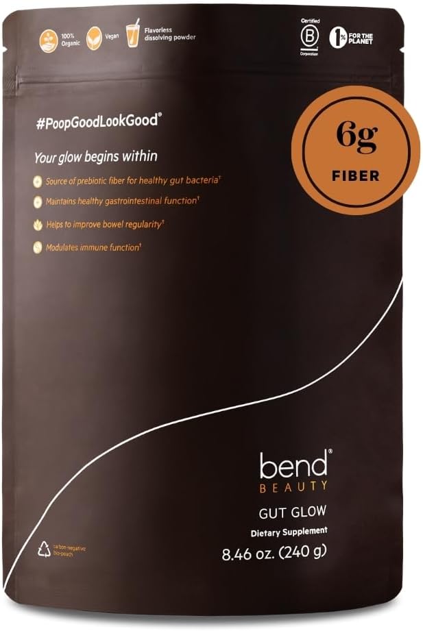 Bend Beauty Gut Glow | Daglig Prebiotisk Fiber Supplement pulver m/tremella Mushroom Exract | Digestive Gut Helse | 6g Soluble Fiber per Serving | 100% økologisk, Vegansk, Sukkerfri Fiber