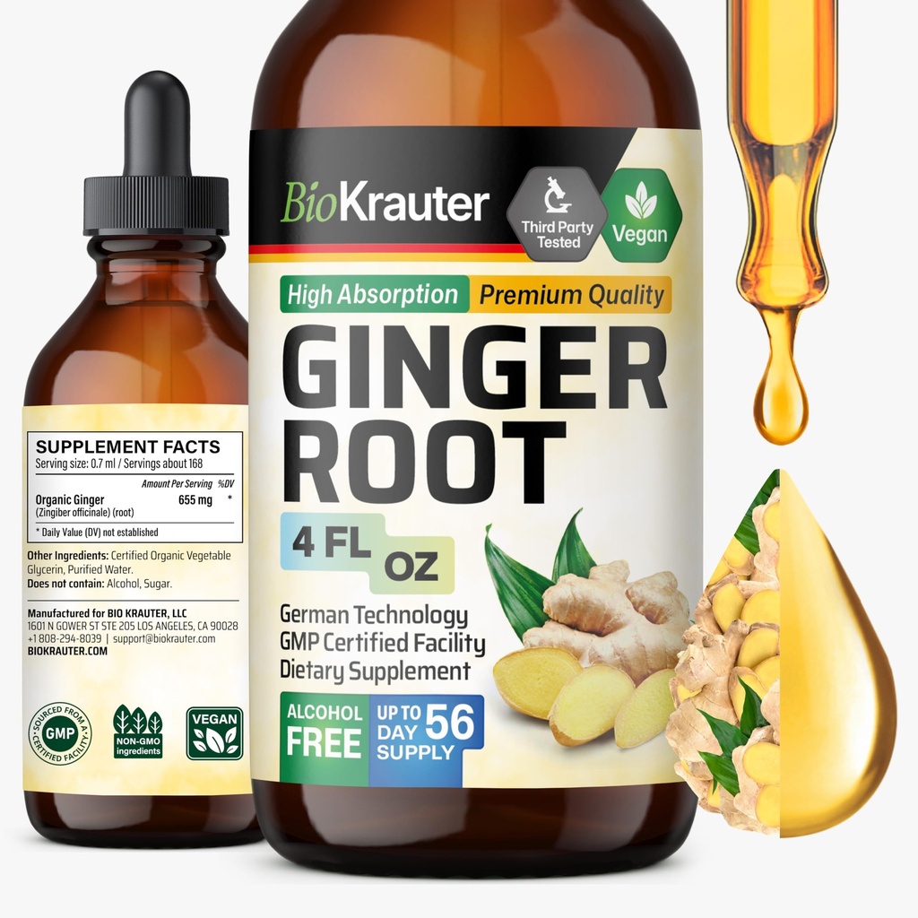 BIO KRAUTER Ginger Root Extract - Naturlig Ginger Kosttilskudd for total velvære - alkohol og sukker gratis - Vegan Drops 4 Fl.Oz.