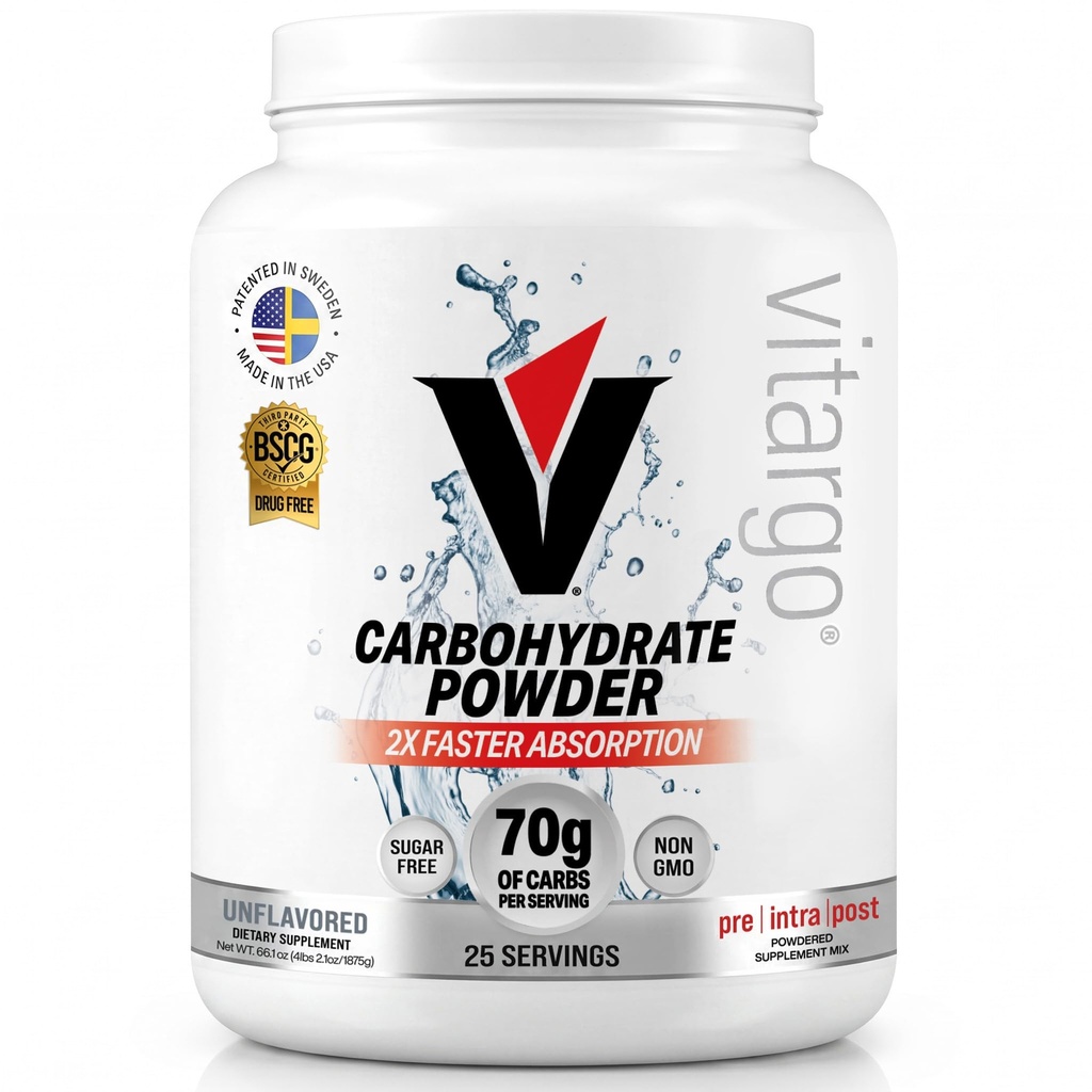 Vitargo Carbohydrat pulver, 2X raskere absorbering, 4.4 LB Plain, Pre, Intra & Post, sukkerfri kompleks carb pulver for utvinning, utholdenhet og muskel gevinst, laget i USA