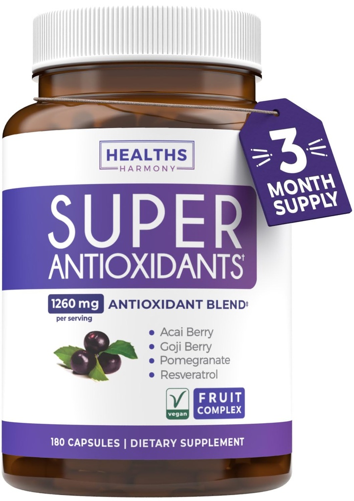 Super antioksidanter Supplement for kvinner og menn - høy potens Herbal & Fruit Blend med Acai, Goji, Pomegranate, Elderberry & Resveratrol for hudpleie og immun støtte - Vegansk & ikke-GMO - 180 Kapsler