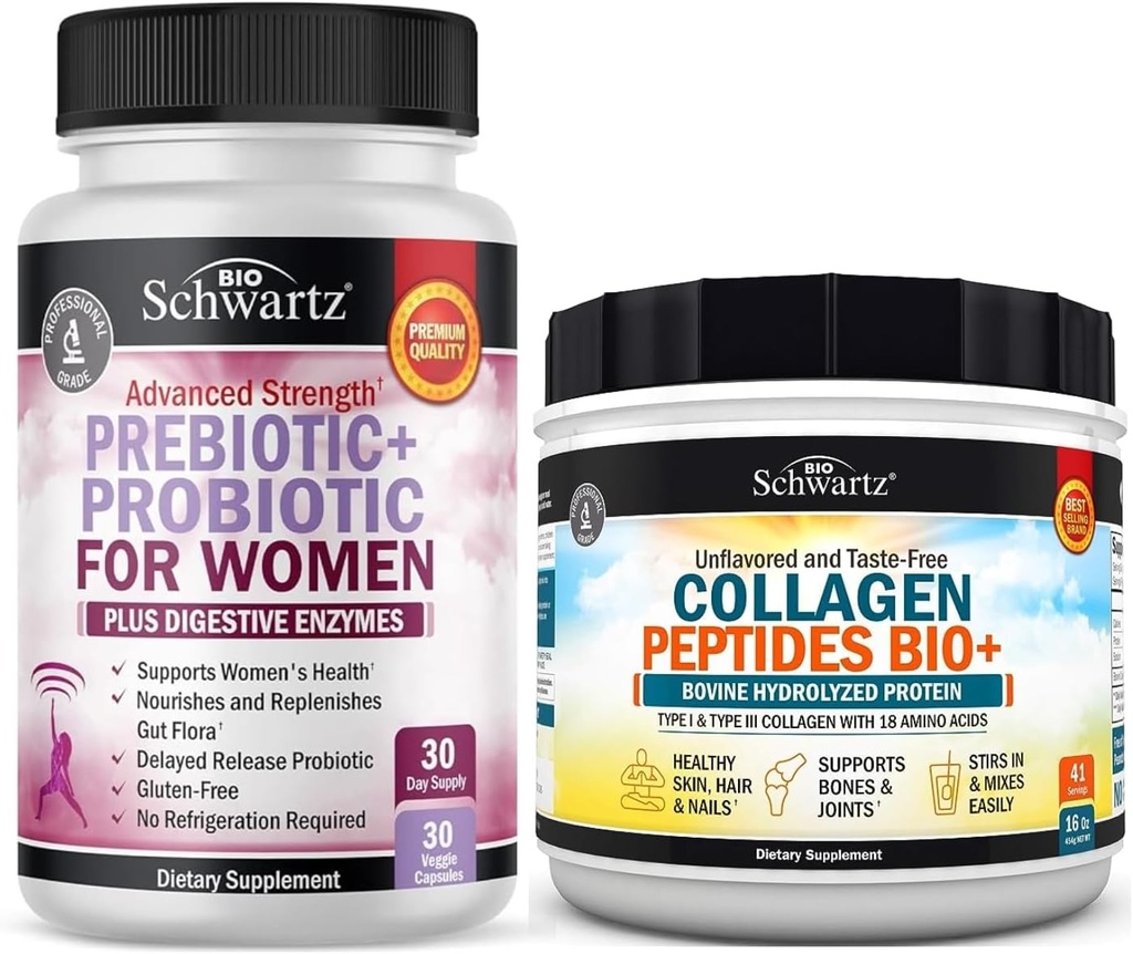 BioSchwartz Hydrolysert kollagen Peptider pulver (40+ Serveringer) Plus prebiotika og probiotika med digestive enzymer for kvinner (1 måneds forsyning)