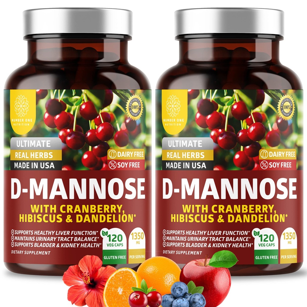 Nummer ett Ernæring Premium D Mannose Supplement for kvinner og menn [Max Styrke, 1350MG] Naturlig D-Mannose med tranebær, Hibiscus og Dandelion for urinveistrakt helse, 240 greve