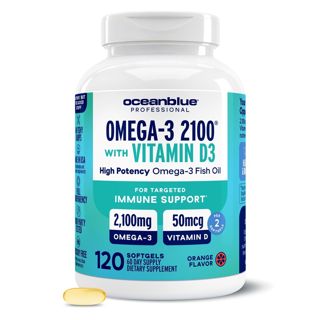 Oceanblue Professional Omega-3 2100 med vitamin D3 – 120 ct – Triple styrke Burpless Fish Oil Supplement med høy potens EPA, DHA, DPA og vitamin D3 – Wild-Caught – Orange Flavor (60 serveringer)