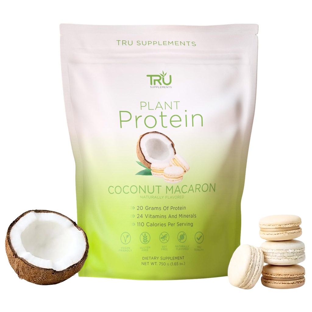 TRU Kosttilskudd Plante Basert protein pulver, BCAA, EAA, 20g Vegan Brown Rice & Pea Protein, 100 kalorier, 27 vitaminer, ingen kunstige flavors 25 serveringer (Coconut Macaron)