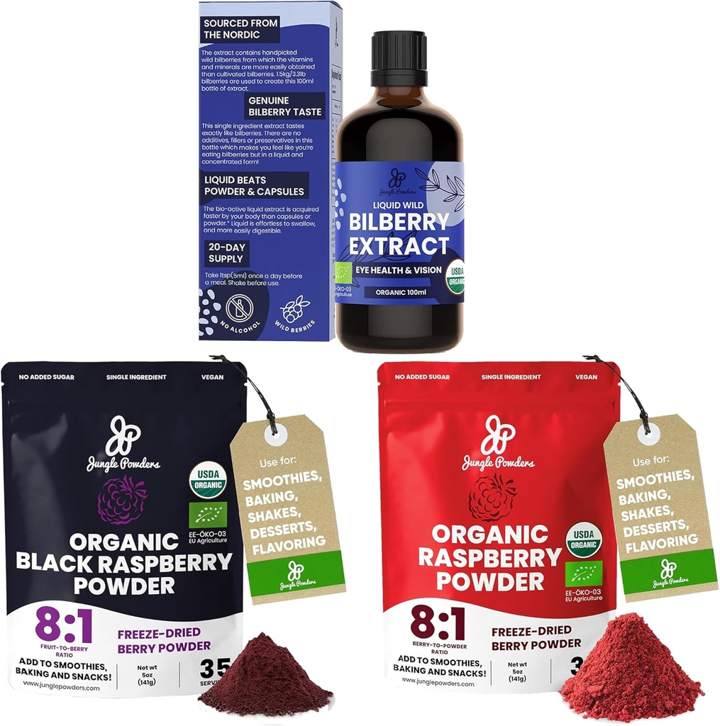 Jungle pulvere Wild Bilbær ekstrakt for øyne USDA organisk 3.4oz Flaske, Svart Røde bringebær pulvere Bundle 5 Ounce veske, fryse tørkede bringebær for baking smoothies Dehydrert Frukt