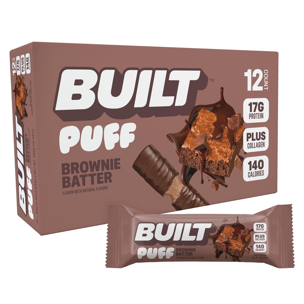 Bygget Bar, Puff Protein Bars, Brownie Batter Puff, 17g Protein Snacks, On-The-Go Bare 140 kalorier, 6g Sukker, kollagen, Glutenfri, 12 greve