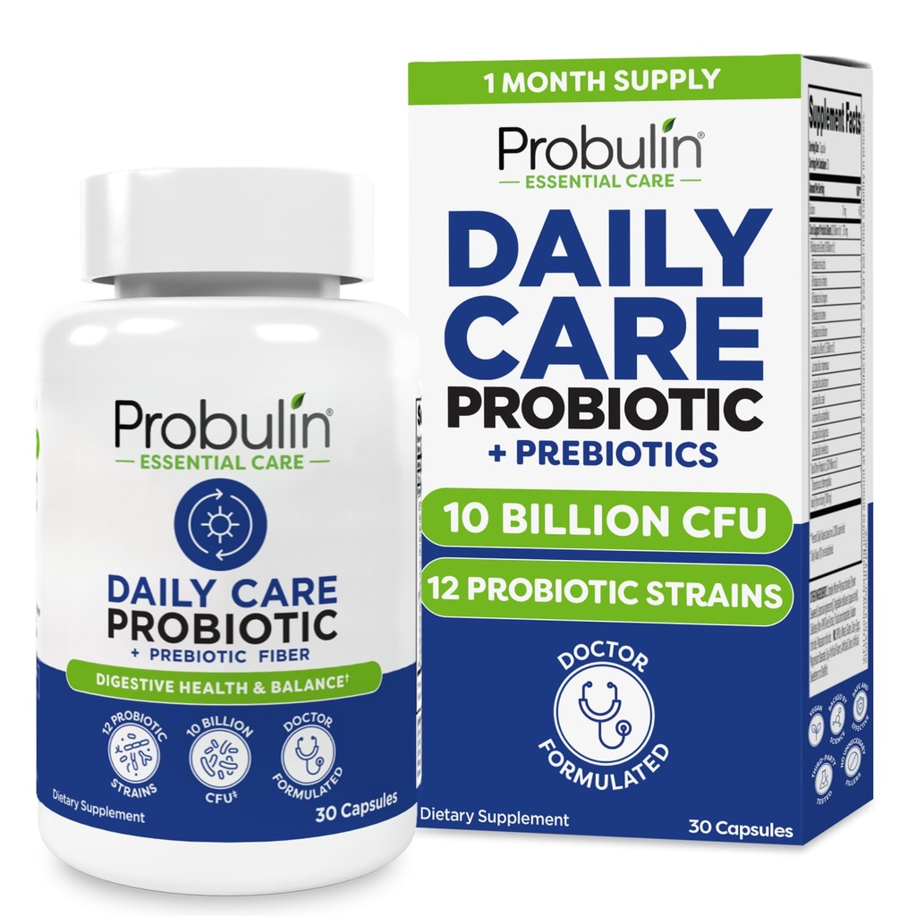 Probulin Daily Care Probiotic Supplement, Digestive, Gut og immun helse støtte kapsler for menn og kvinner, 10 milliarder CFU, Vegan, 30 greve flaske