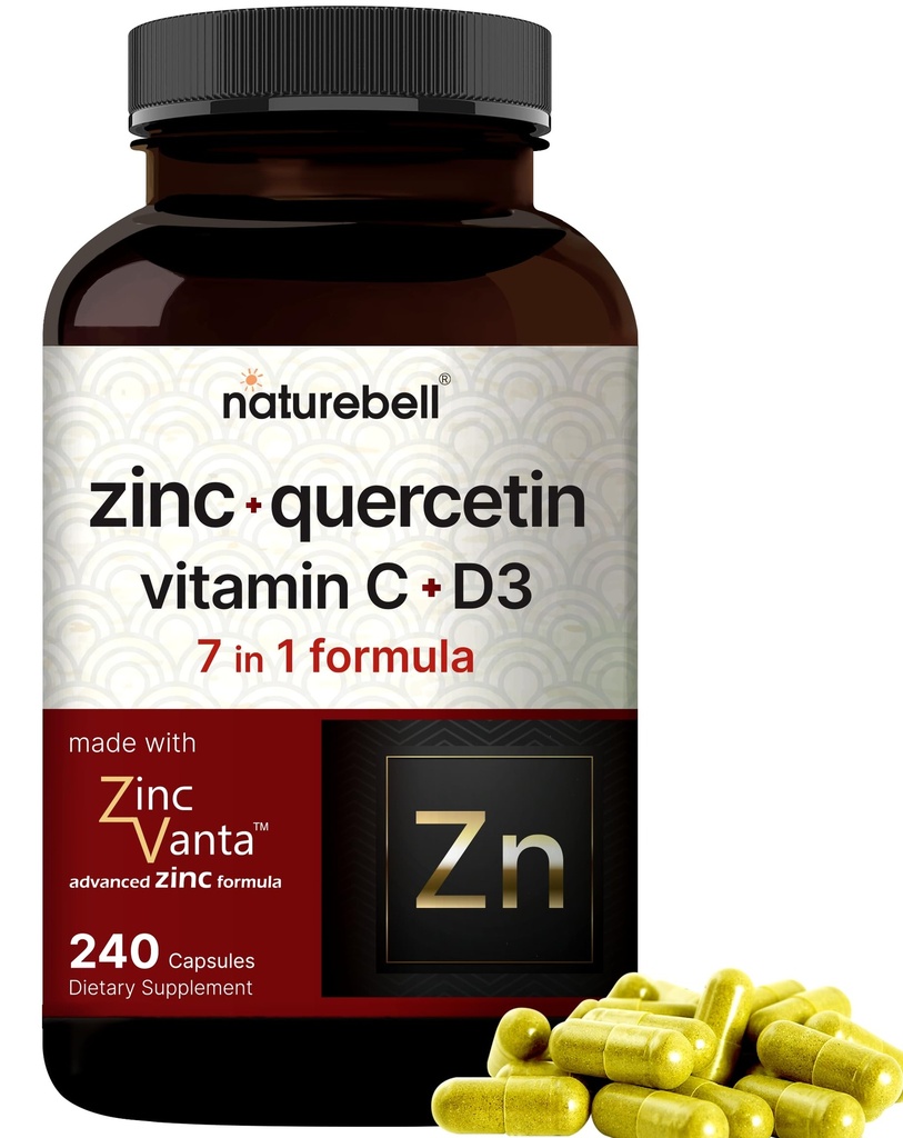 NatureBell Zinc Quercetin med vitamin C & D3, 240 kapsler | Quercetin 1000 mg + sink 50 mg + vitamin C 250 mg + vitamin D3 5000 IE |i-1 Avansert immun- og lungestøtte | ZincVanta formel