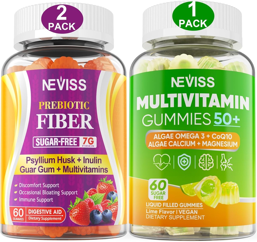 NEVISS Bundle - Kvinner & menns 50+ Multivitamin 1 pakke og Prebiotic Fiber 2 pakke