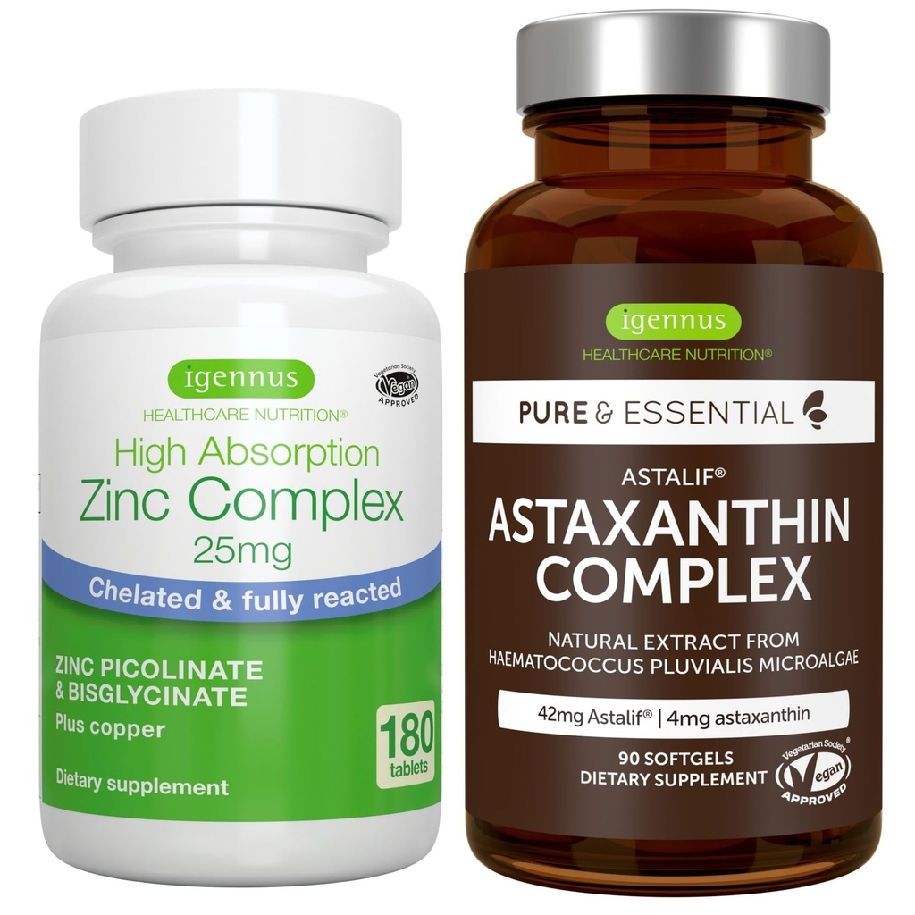 Astaxanthin Complex + Zink Complex Vegan Bundle, Antioksidant støtte for hud, hår og negler, av Igennus