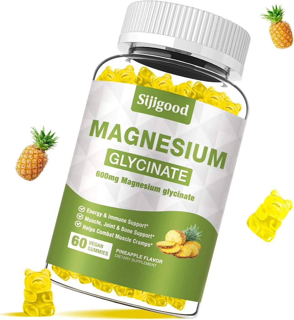Magnesium Glycinate Gummies 600 mg, Relaxation og Zzz Støtte, Magnesium Kalium Supplement for voksne og barn sukker-fri, vitamin C, B6 og CoQ10 Pineapple Flavor, 60 greve