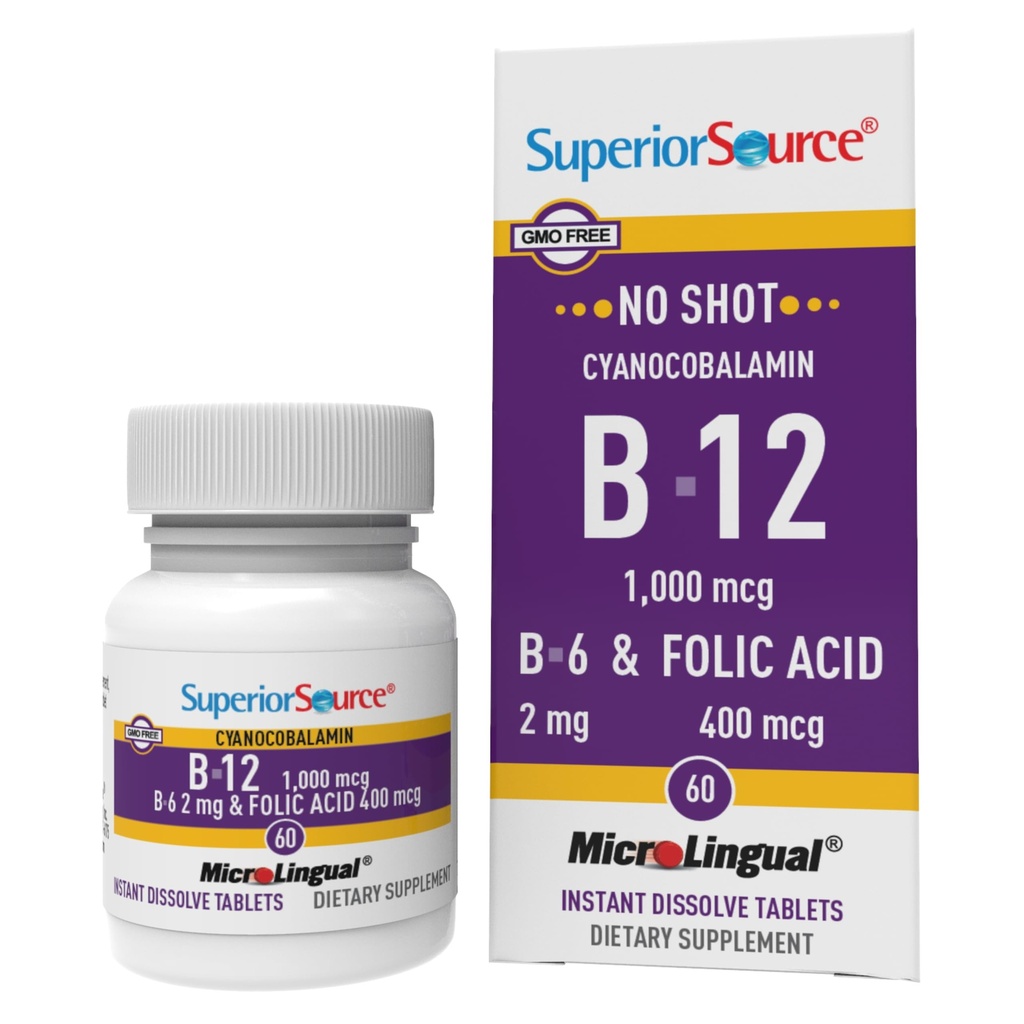Superior Source No Shot Vitamin B-12 Cyanocobalamin 1000 mg, B-6, Folic Acid 400 mg - støtte Hjerne og hjerte helse - hjelpemidler naturlige energinivåer - 60 Sublingual Oppløsende tabletter