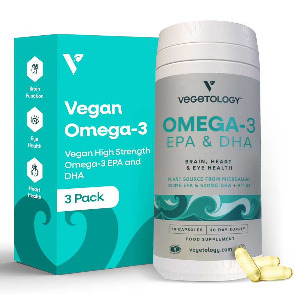 Vegansk Omega 3 Supplement – EPA, DHA Kosttilskudd og vitamin D3 – Algae Omega 3 Vegansk Kosttilskudd for hjerne, øye og hjerte helse – for barn og voksne (180 kapsler)