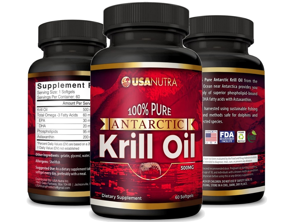 Antarctic Krill Olje Softgels 100% ren med Omega-3 EPA DHA Astaxanthin 1000mg per dag (2 Softgels). Laget i USA