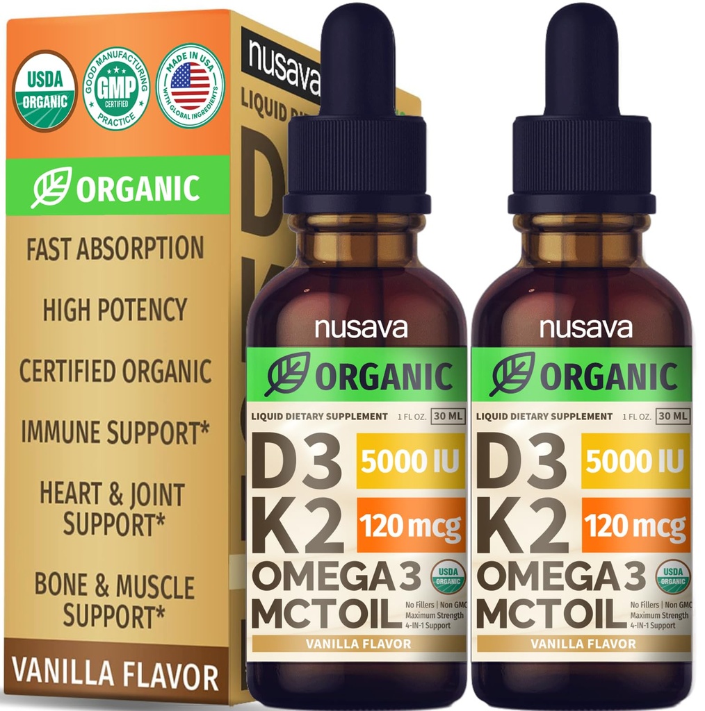 (2 Pack) Organisk vitamin D3 K2 dråper med MCT olje Omega 3, 5000 IE - Maksimal styrke D-vitamin væske, ingen fyllemidler, ikke-GMO flytende D3 for raskere absorpsjon og immunstøtte (Vanilla, 1 fl OZ x 2)