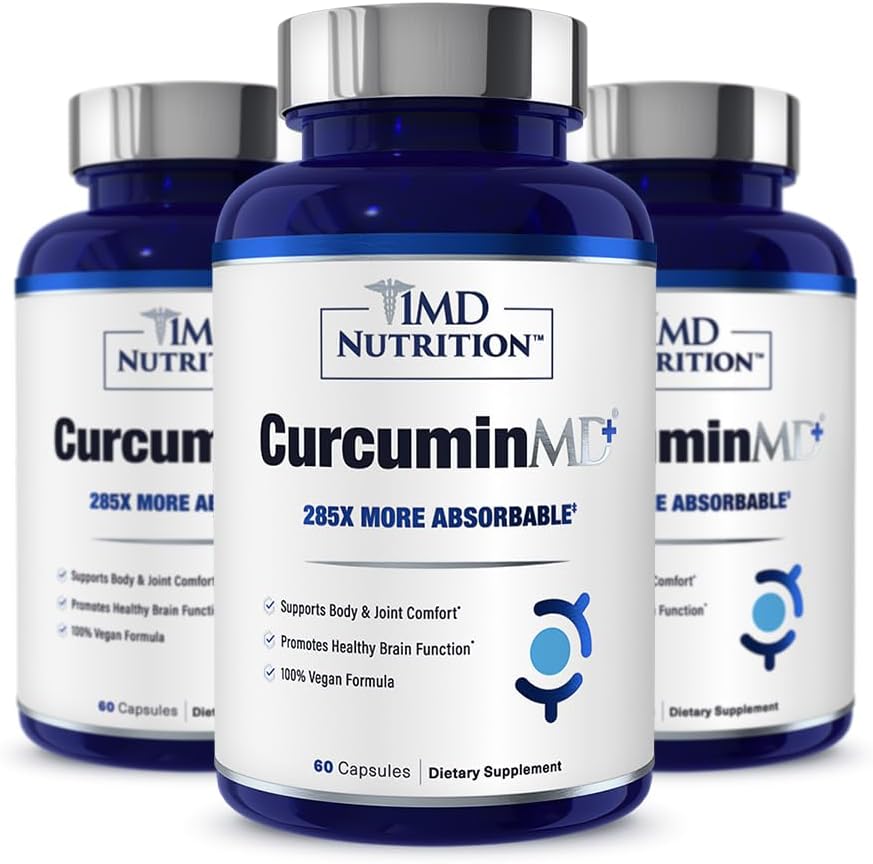 1MD Nutrition CurcuminMD Plus - Turmeric Curcumin med Boswellia Serrata - 285x Mer Absorbable | Felles stivhet, muskelgjenvinning, og Mood Support | 180 kapsler (3-Pack)