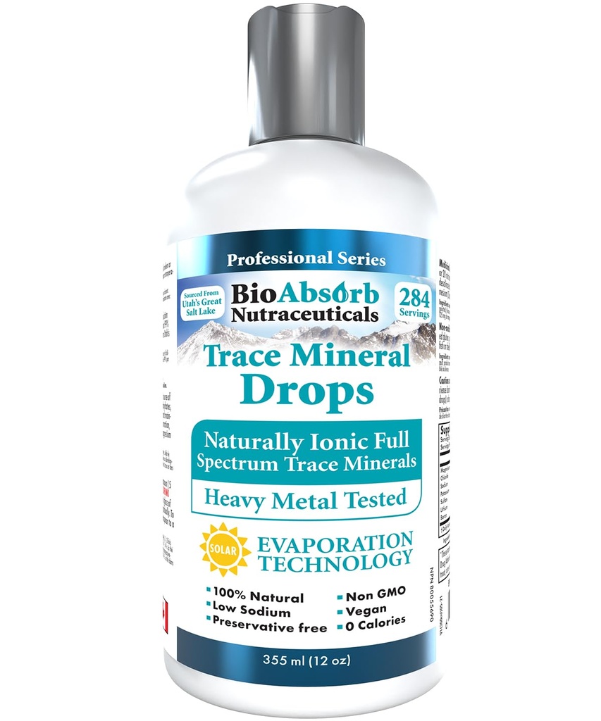 Bio Absorb Trace Mineral Drops. Heavy Metal Tested. 284 Serveringer av organiske spormineraler fra konsentrert Utahs GSL Sea Water. 125 mg ionisk magnesium (12 oz)