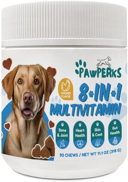 8-i-1 hund multivitamin – glukosamin for felles helse, probiotika og digestive enzymer – kornfri kosttilskudd for hud, coat og immunstøtte – kylling flavor – 90 Chews