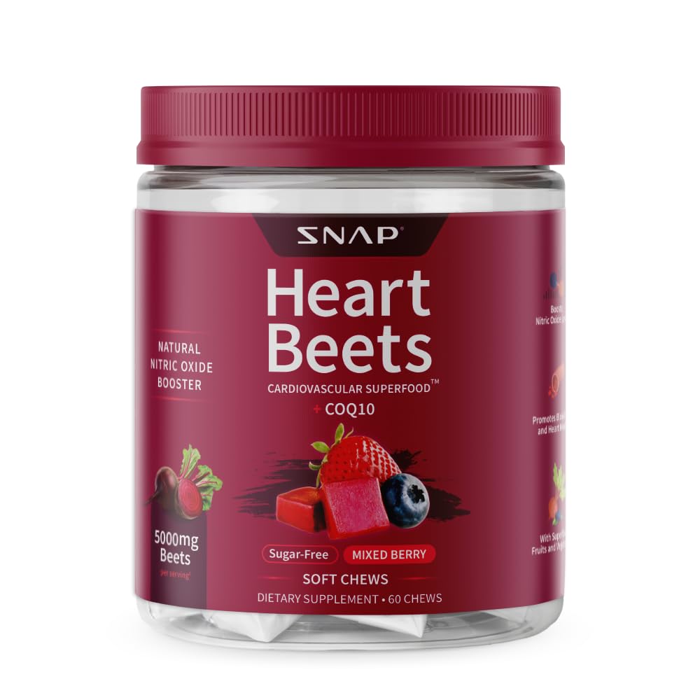 Snap Supplements Hjertebeter Organisk Beet Root Myk Chews, Cardiovaskulær støtte Supplement for menn og kvinner, CoQ10 & rød spinat, hjertehelse og sirkulasjonsstøtte, sukkerfri, blandet Berry, 60 Chews