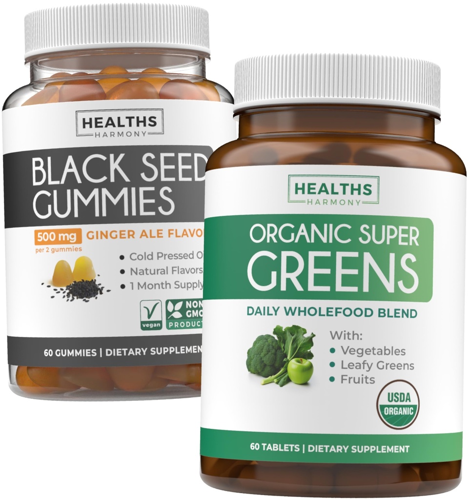 Svart Seed Olje Gummies & Super Greens (1-måned) - Daglig Grønn Boost - Svart Seed Olje Gummies Ginger Ale Flavor Cold-Pressed Nigella Sativa & Organic Super Greens Komplet Super Mat Supplement