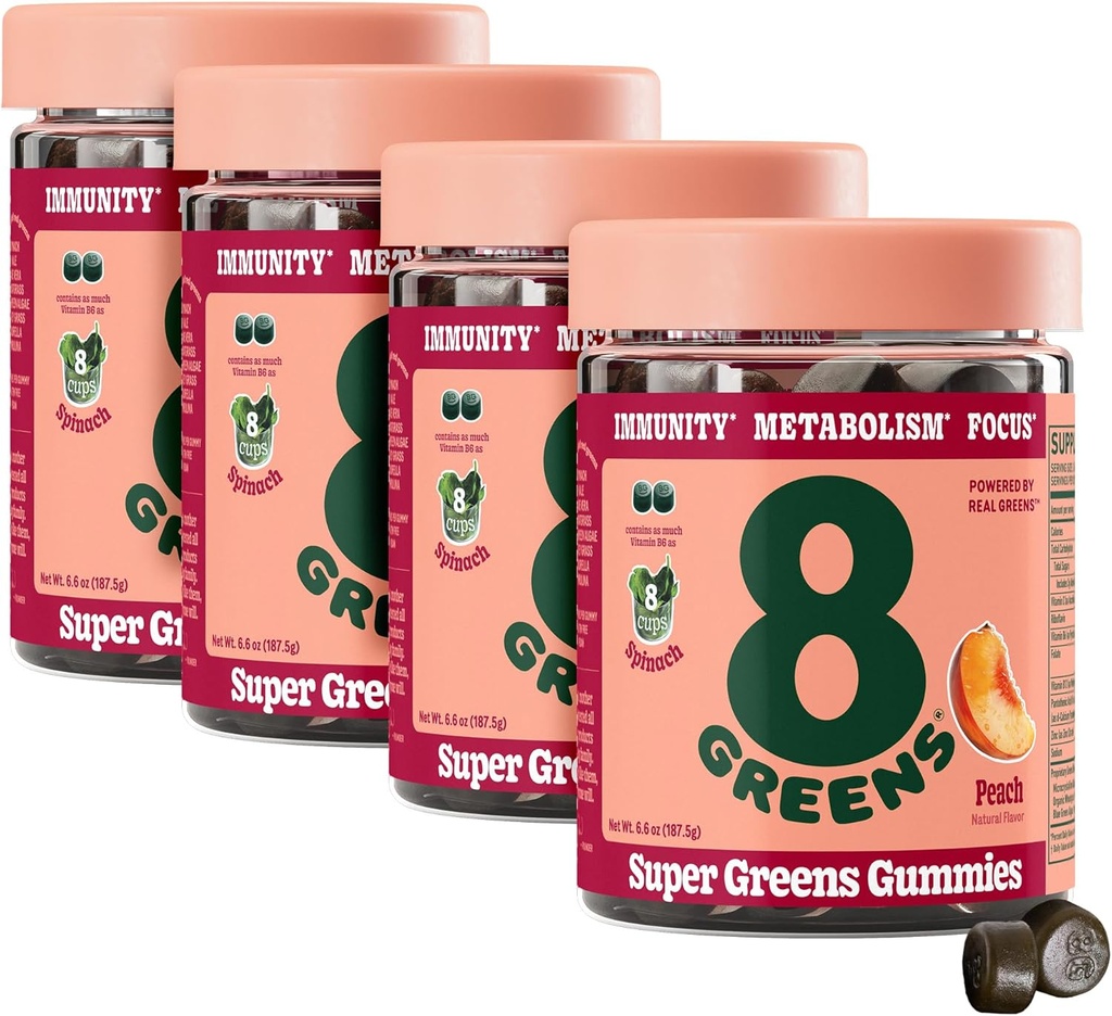 8Grønner Supergreens Gummies Super Greens Powder Superfood Gummy for Metabolisme, Immunitet og fokus, Digestive Helse Enzymer, Organisk: Klorella, Spirulina, Aloe Vera, Peach Flavor, 200 greve