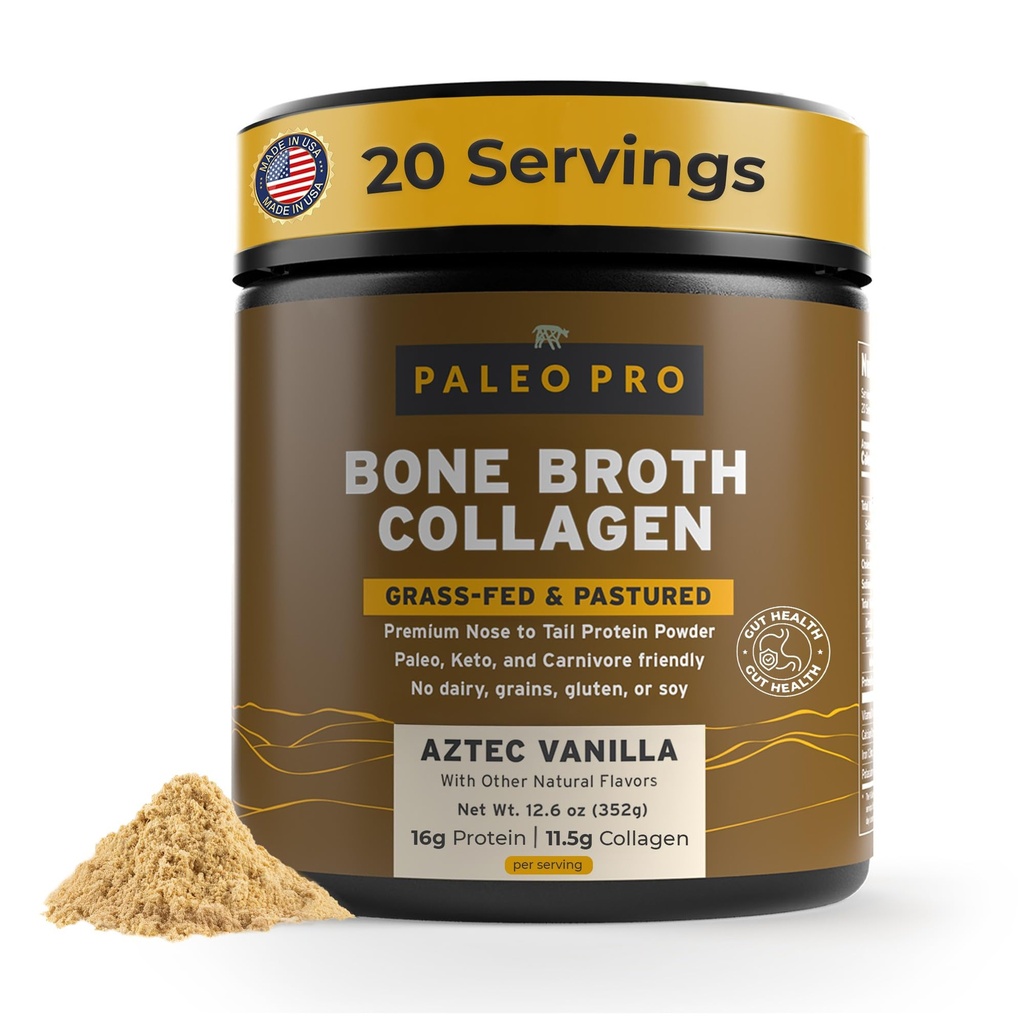 PaleoPro Bone Broth Collagen Protein pulver - Turmerisk Root Grass-Fed Collagen pulver for hud og bein - Glutenfri, Ingen sukker, soya, korn, netto karbohydrater - Paleo Keto Vennlig 20 Serveringer Aztec Vanilla